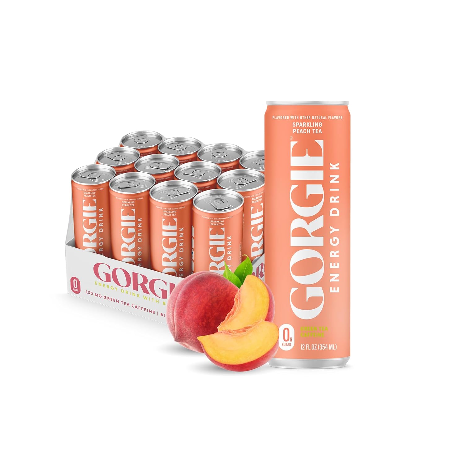 GORGIE Sugar Free Natural Energy Drinks, Peach (12 Pack) - Healthy Energy Drinks