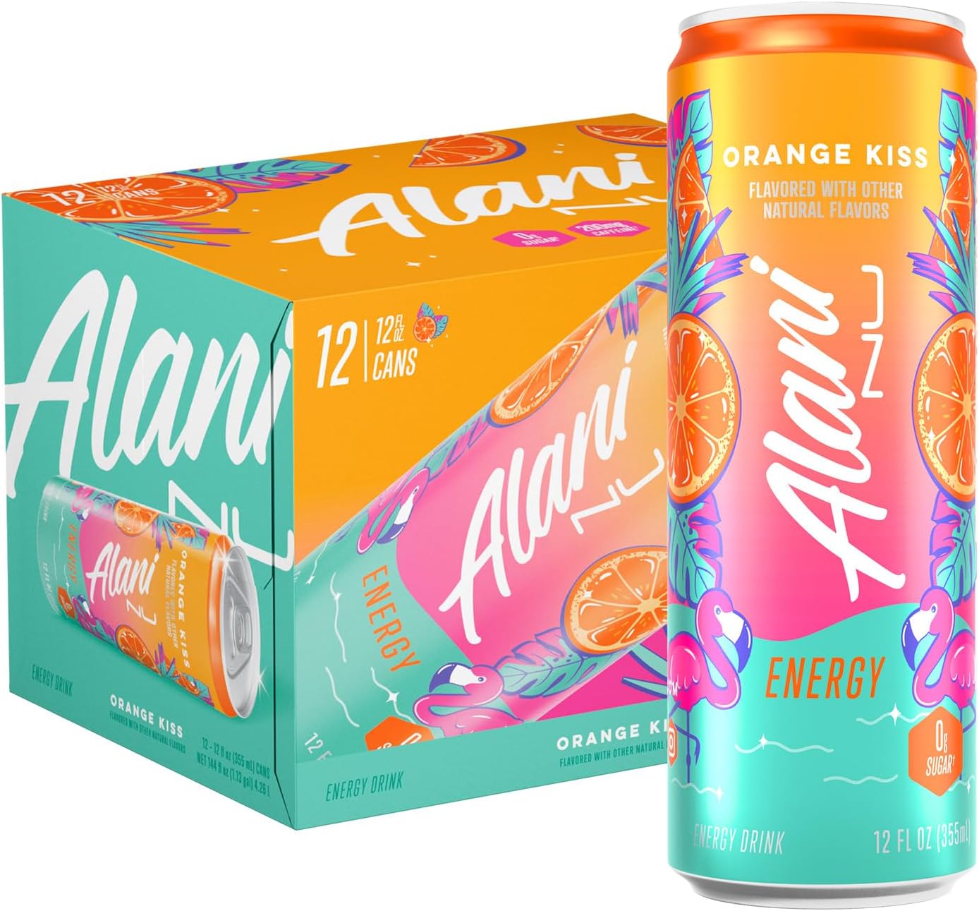 Alani Nu ORANGE KISS, Sugar Free, Low Calorie Energy Drinks, 200mg Caffeine, 12 Pack