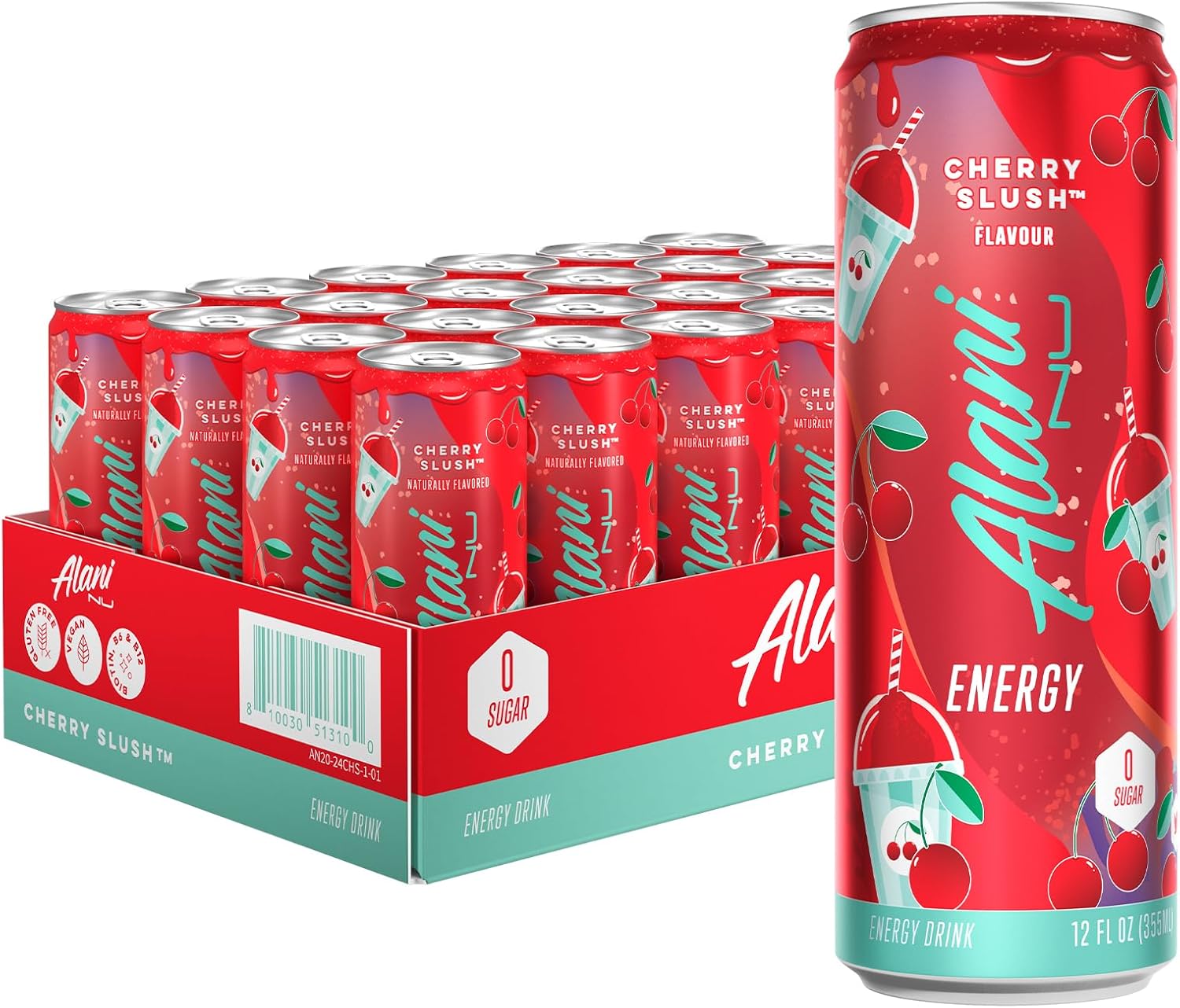 Alani Nu CHERRY SLUSH, Sugar Free, Low Calorie Energy Drinks, 12 Fl Oz Cans, 24 Pack