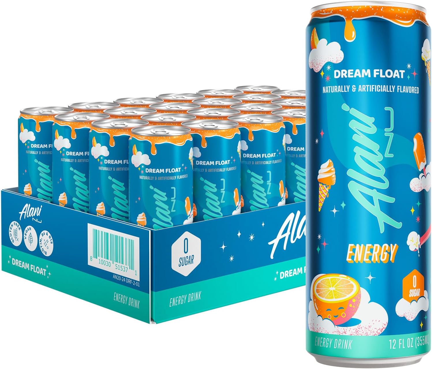 Alani Nu DREAM FLOAT, Sugar Free, Low Calorie Energy Drinks, 12 Fl Oz Cans, 24 Pack
