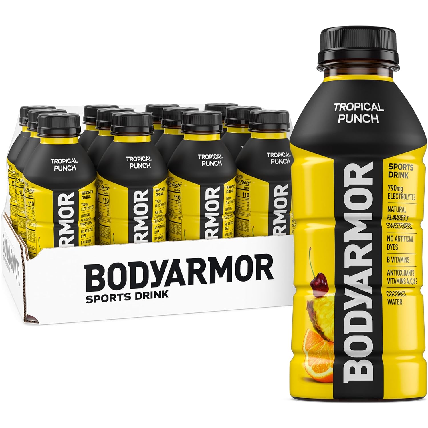 BODYARMOR Sports Drink Sports Beverage, Tropical Punch, Coconut Water Hydration, Packed Electrolytes, Perfect For Athletes, 16 Fl Oz (Pack of 12)