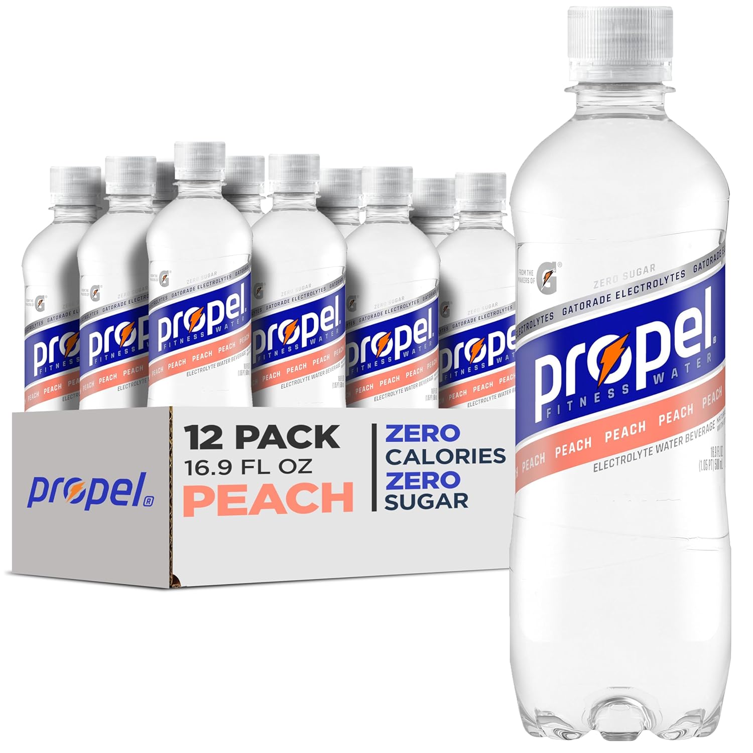 Propel, Peach, Zero Calorie Sports Drinking Water with Electrolytes and Vitamins C&E, 16.9 Fl Oz (Pack of 12)