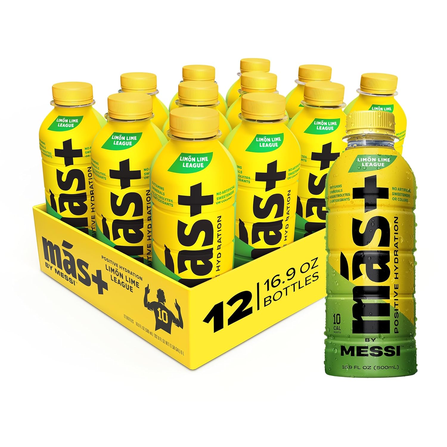Más+ by Messi 16.9oz Limón Lime League, Sports Drink & Hydration Beverage, 12-pack