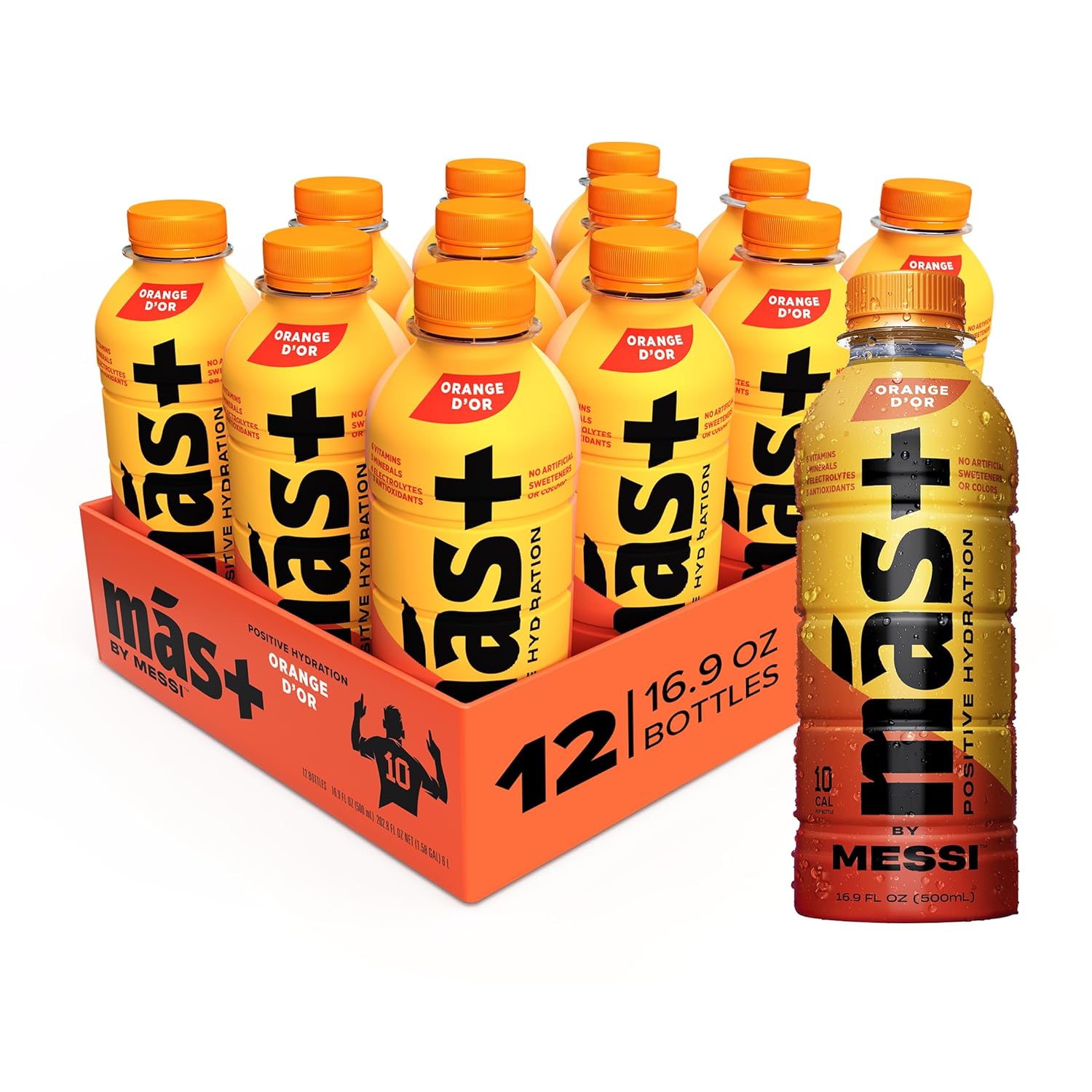 Más+ by Messi 16.9oz Orange d'Or, Sports Drink & Hydration Beverage, 12-pack