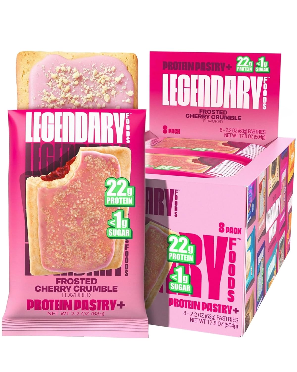 Legendary Foods 22g Protein Pastry 0g Added Sugar, Low Carb, Gluten Conscious, Keto Snack, 8 Pack Cherry Crumble