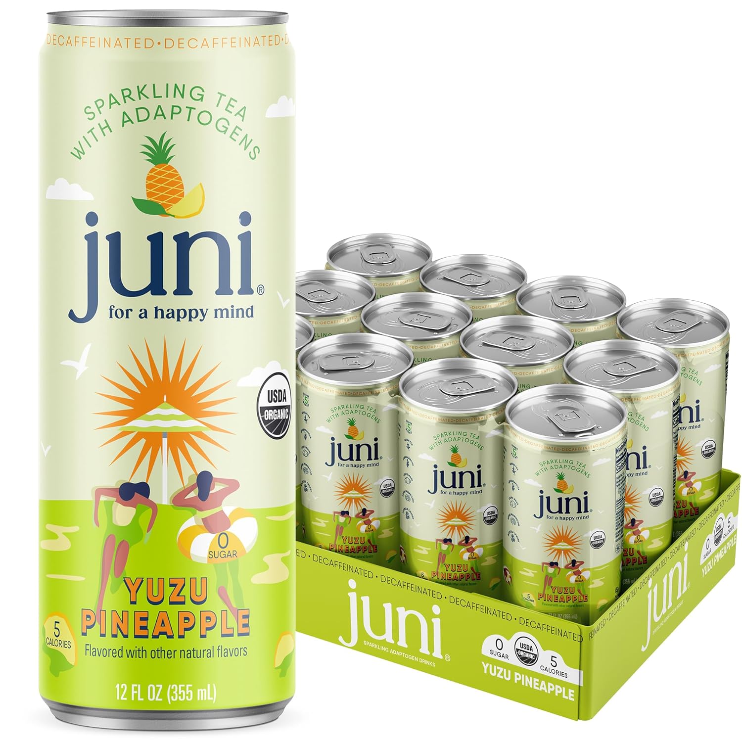 Juni Sparkling Adaptogen Drink with Ashwagandha, Lion’s Mane & Reishi Mushrooms - Yuzu Pineapple 12 pack