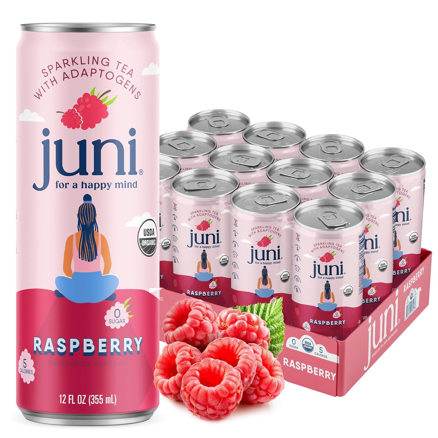 Juni Sparkling Adaptogen Drink with Ashwagandha, Lion’s Mane & Reishi Mushrooms  - Raspberry 12 pack