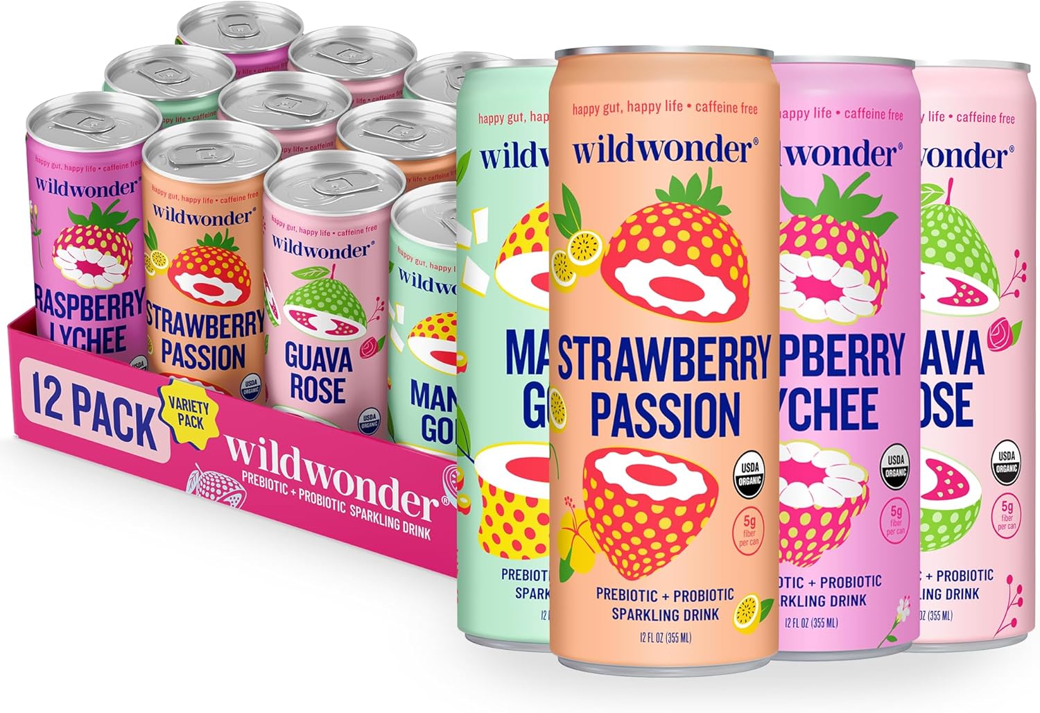wildwonder Sparkling Probiotic Drink 12pk, For Gut Health & Immune Support, Classic Variety Pack, 5g Prebiotic Fiber, 12 Pack, 12oz Can, Seen on Shark Tank