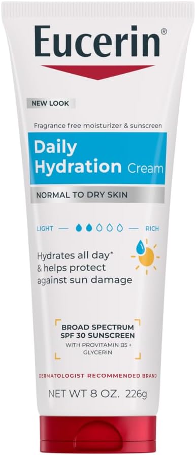 Eucerin Daily Hydration Broad Spectrum SPF 30 Sunscreen Body Cream for Dry Skin, 8 Oz Tube