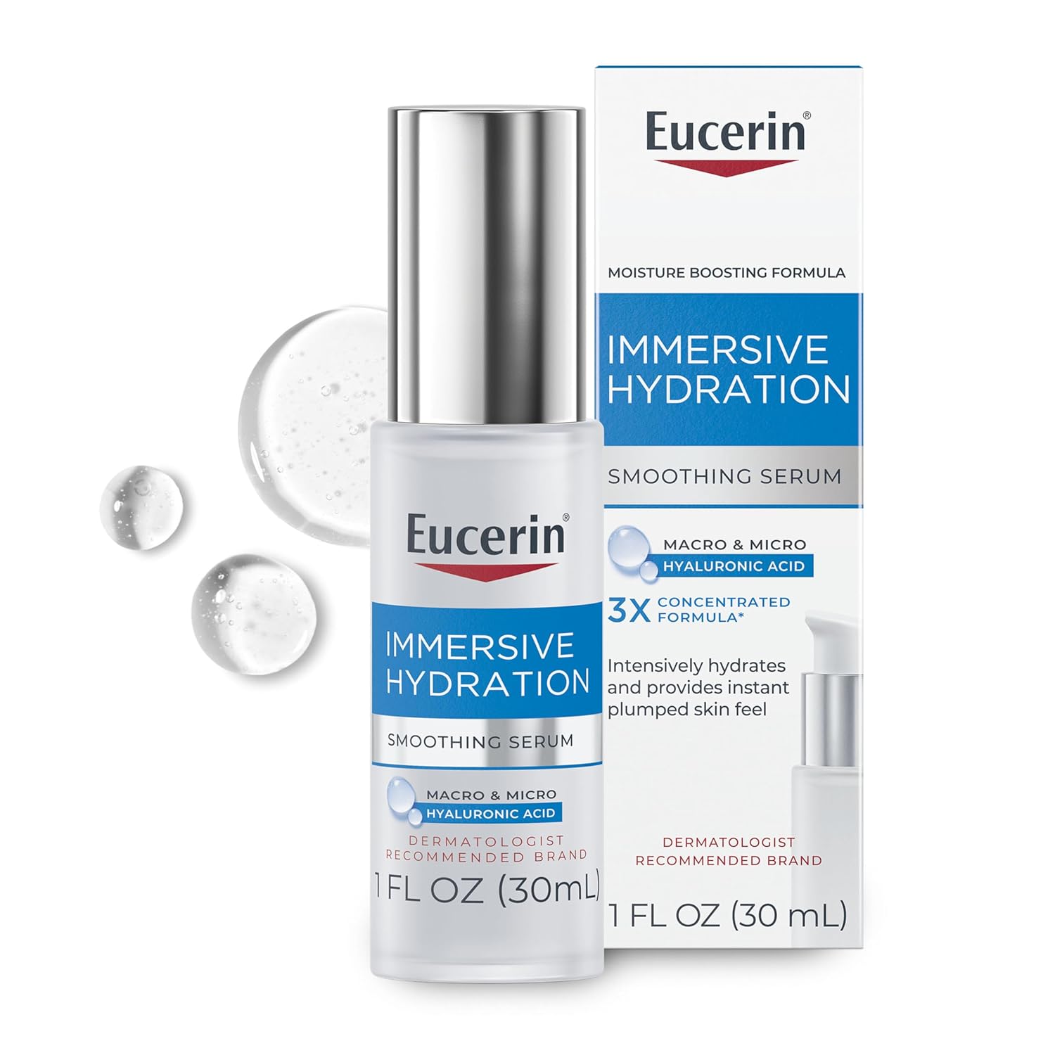 Eucerin Immersive Hydration Smoothing Face Serum, Ultra-Lightweight Hyaluronic Acid Serum, 1 Fl Oz Bottle
