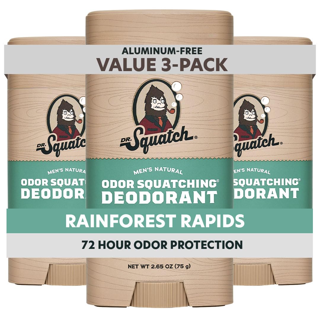 Dr. Squatch Natural Men’s Deodorant – Aluminum Free Natural Deodorant Men with Charcoal & Postbiotics for 72-Hour Odor Protection, (3-Pack)