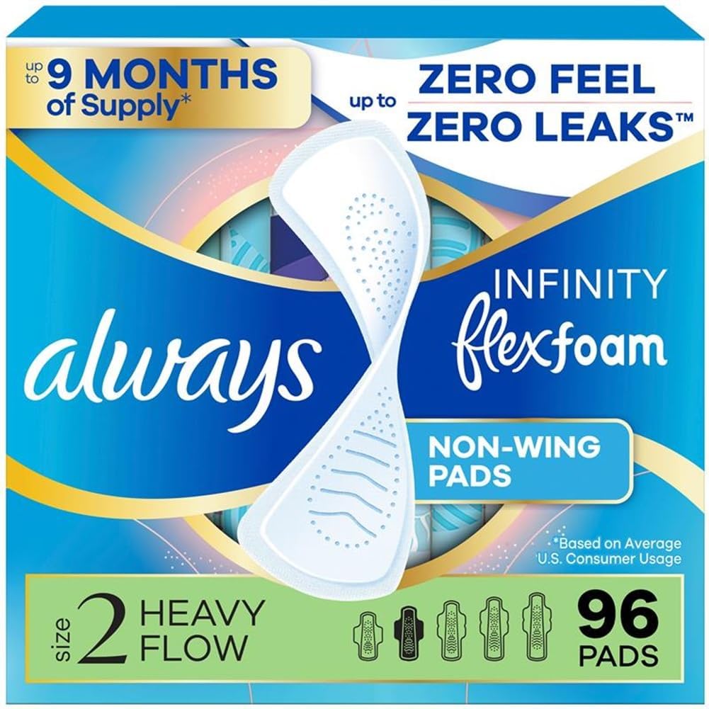 Always Infinity Feminine Pads for Women, Flexfoam Pads Without Wings, Size 2, Heavy Absorbency, Unscented, 96 Count (3 Packs of 32)